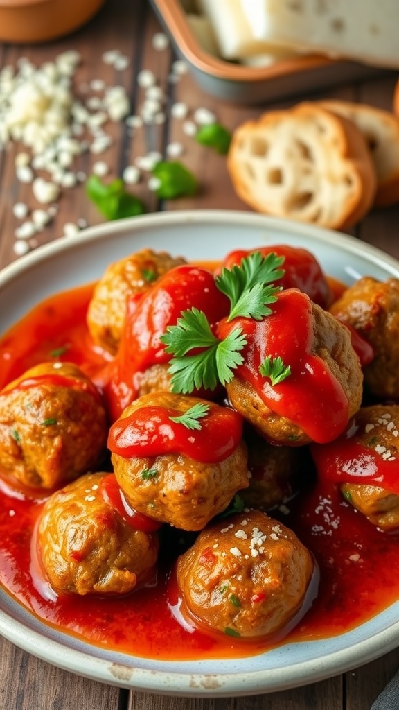 Savory pork meatballs drizzled with marinara sauce, garnished with parsley, on a rustic wooden table.